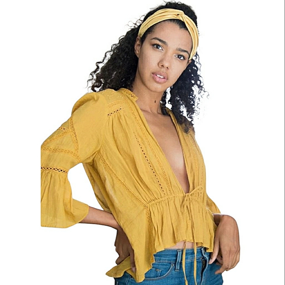 Free People Mustard Crop Top Tie Front 3/4 Bell Sleeves Lace Mesh Cotton Size S - Picture 16 of 16